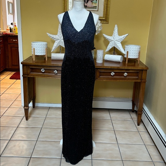 Adrianna Papell Boutique Vtg Blue Hombre Beaded Silk V Neck Maxi Evening Dress - Picture 3 of 15